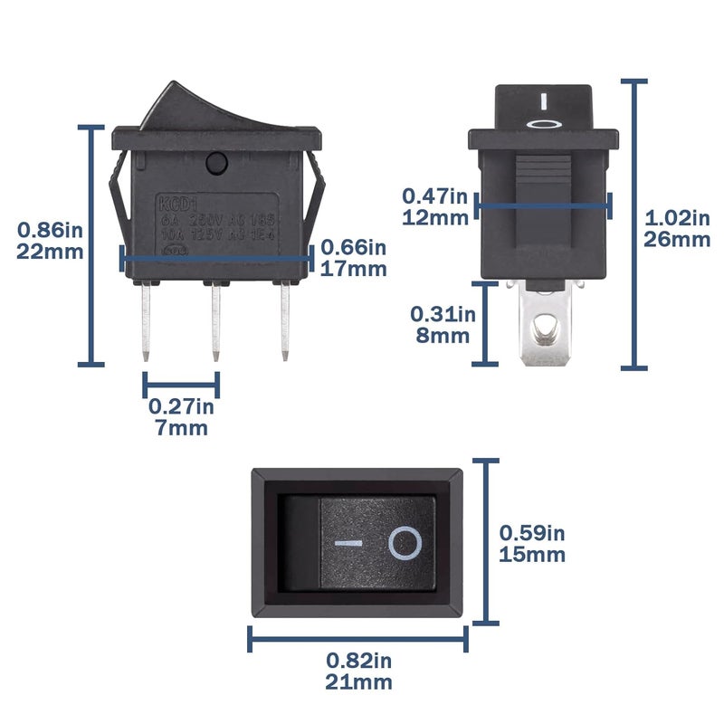 VEXUNGA Mini Rocker Switch On Off 3 Pin 2 Position 10A 125V AC 6A 250V Black Boat Rocker Toggle Switch KCD1 SPST Snap-in Square Switches for Car Marine Home Appliances (Pack of 10pcs) - Image 2